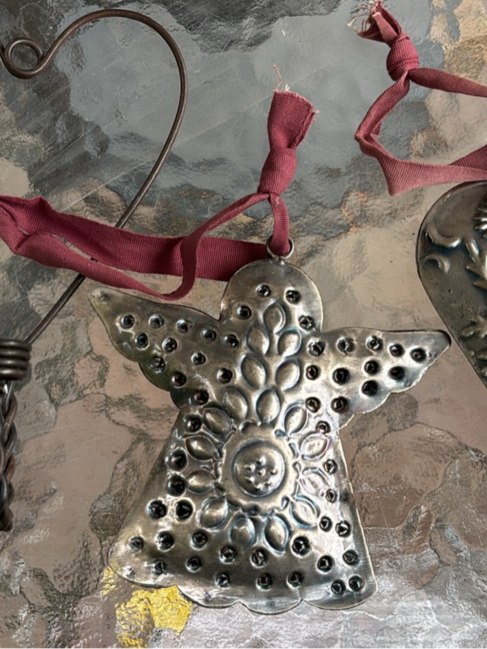 Decorative Metal Heart Ornaments with Burgundy Ribbon - Home Accents